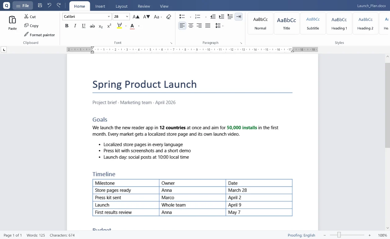 Edit documents with styles, tables and pictures